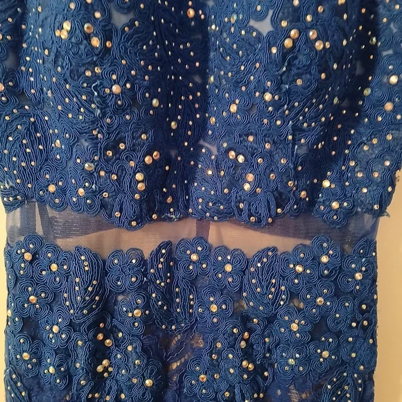 Anny Lee Blue Sequined Lace Wedding Prom Cocktail Evening Gown Dress Small - Picture 4 of 15